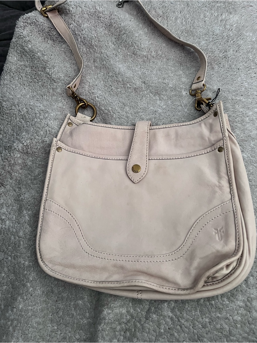 Frye Beige Leather Shoulder Bag adjustable strap, canvas interior zipper top